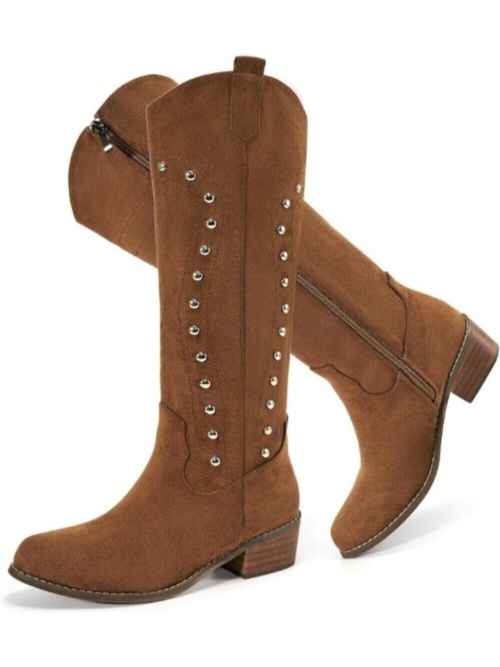 Women's Brown Western Knee High Wide Calf Suede Comfortable Cowgirl Boots